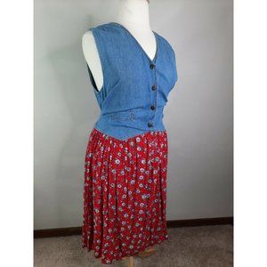 Women's Vtg Vintage 90s Denim Jumper Dress Size XL  18/20 Floral Rayon D3S